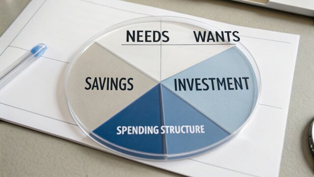 Spending Structure Pie Chart Showing Needs, Wants, Savings, and Investment for Financial Planning and Budgeting Strategies