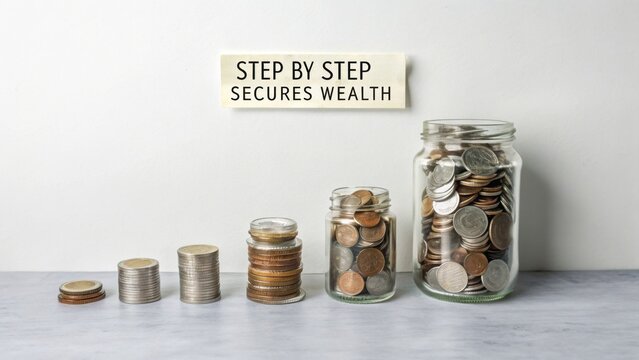 Step by Step Approach to Securing Wealth with Coins and Jar Arrangements on a Clean Background