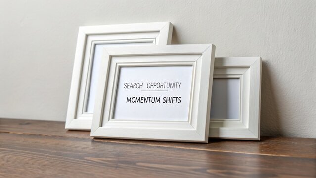 Stylish white photo frames with motivational quotes about search opportunity and momentum shifts on a wooden surface