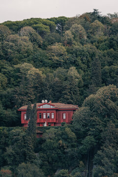 Hermosa casa tradicional de madera roja escondida y rodeada por un denso bosque de &aacute;rboles verdes en una colina.