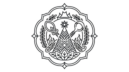 Obraz premium Minimalist Black and White Line Art Symbol of Alchemy Flame Moon Sun and Botanical Elements in Ornate Circular Frame