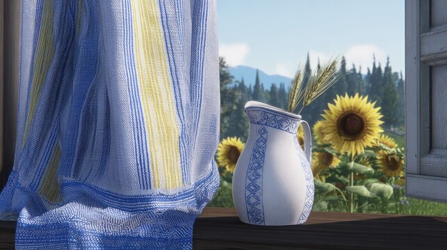 handwoven. Rustic doorstep with blue-yellow woven textile, wheat pitcher and sunflower field under summer sky. travel magazines, destination branding, designed for travel destination branding.