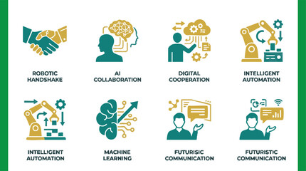 Fototapeta premium Artificial Intelligence Collaboration Icon Set – Robotic Handshake, Cognitive Automation, Machine Learning and Smart Technology Flat Vector Icons