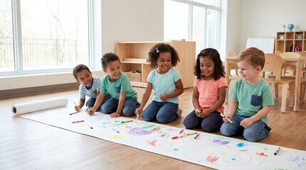 Fototapeta premium Diverse group of happy preschool children drawing together on a long paper roll with crayons in a bright classroom setting.