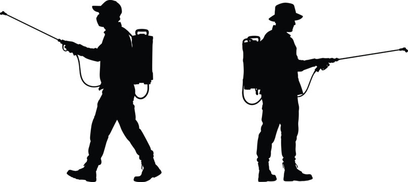 Pest Control Workers with Backpack Sprayers Silhouettes Isolated on White Background