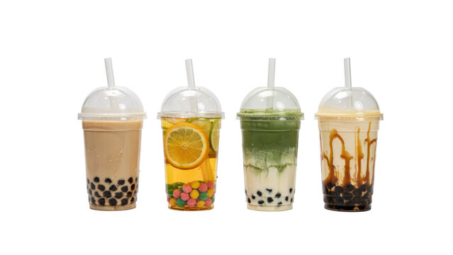 Four assorted bubble tea drinks in clear plastic cups with lids and straws including milk tea, citrus fruit tea, matcha, and boba tea