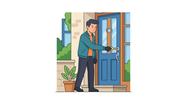 A suspicious man wearing gloves attempting to unlock a residential front door.