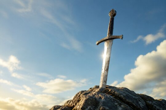 A weathered longsword plunged into a craggy rock, sunlight glinting.