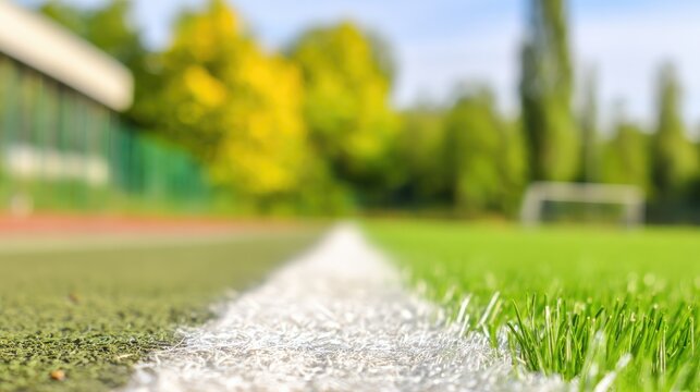 tournament. Soccer field with crisp white lines on vibrant green grass under a bright sunny sky. event key visuals, club posters, designed for fitness apps and gym onboarding, drives event promotion.