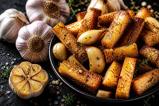 Garlic croutons with roasted onions on dark plate.