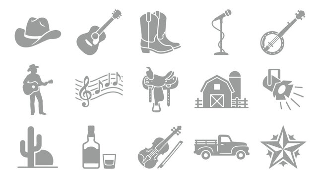 Collection of country music and western icons including cowboy hat, guitar, boots, banjo, and microphone.