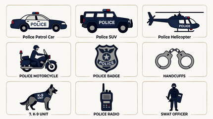 Flat Vector Icons Set of Police Equipment and Personnel: Patrol Car, SUV, Helicopter, Motorcycle, Badge, Handcuffs, K-9 Unit, Radio, and SWAT Officer © Noviza