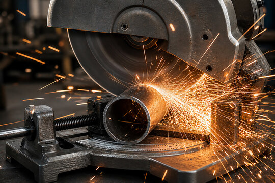 Metal cutting saw with sparks cutting steel pipe in workshop.