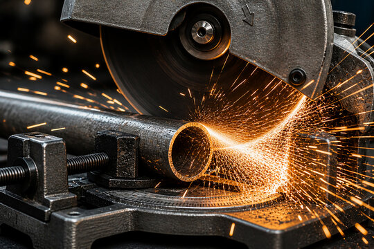 Metal cutting saw with sparks cutting steel pipe in workshop.