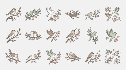 Fototapeta premium Flat Vector Illustration Icon Set of Birds on Cherry Blossom Branches, Featuring Various Poses and Interactions, with Soft Pastel Colors and Clean Lines, Ideal for Spring or Nature Graphics