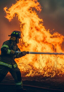 Protective firefighting gear and gloves managing a high-pressure water hose against massive orange flames consuming dry brush and vegetation, spray, risk, equipment