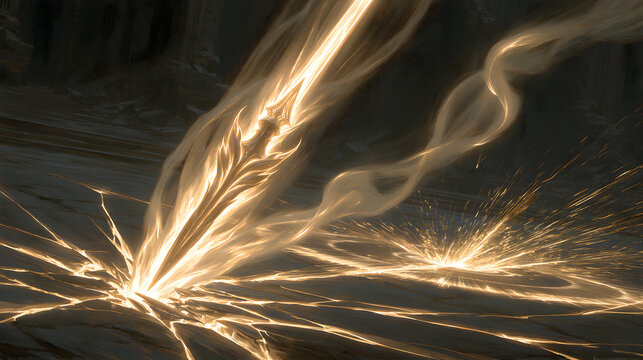 Sacred Sword Strike: A celestial sword imbued with divine energy strikes the ground, unleashing a radiant burst of golden light and mystical energy, illuminating a desolate, rocky landscape.
