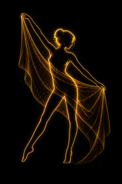 Glowing golden silhouette of dancing woman on black background.