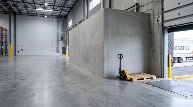 Empty industrial warehouse bay with loading dock and pallet jack