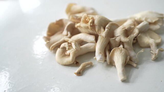Fresh oyster mushrooms on a white surface, ready for cooking. Suitable for concepts of fresh ingredients, healthy eating, home cooking, and organic food