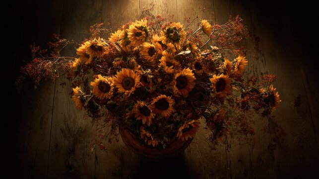 homely. Sunflowers arranged on a wooden surface, radiating rustic charm with warm lighting. gardening catalogs, home-decor guides, designed for home decor and floral branding, enhances decor appeal.