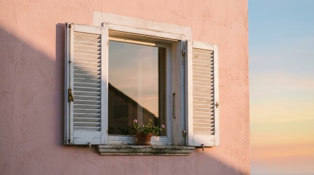 Exterior view of a window with wooden shutters on a pink wall with a small potted plant on the sill against a soft sunset sky background