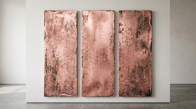 Three tall rectangular panels with a textured, oxidized copper finish mounted on a light gray wall in a minimalist interior gallery setting