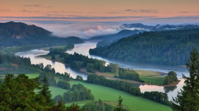 willamette. Willamette River winding through misty Oregon valley at sunrise. travel magazines, destination branding, designed for travel destination branding, used by clinicians.