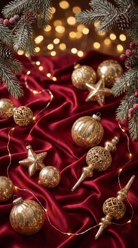 Vertical elegant holiday mockup template with red velvet and golden Christmas decorations