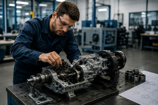 Engineer assembling mechanical transmission in modern workshop.