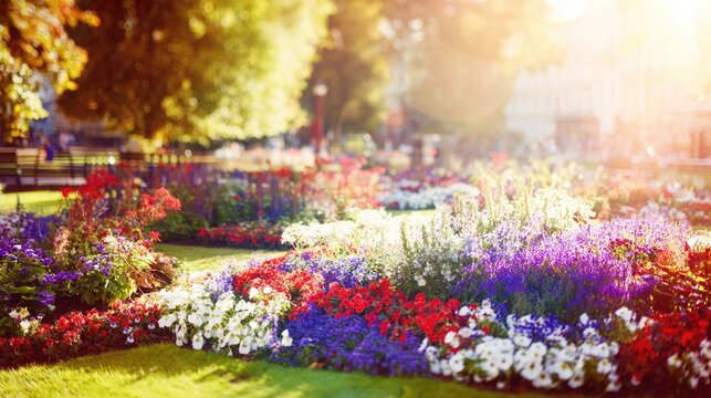 english. Vibrant flower garden in morning light, English park setting with soft focus on foreground blooms. gardening catalogs, home-decor guides, designed for gardening and botanical catalogs.