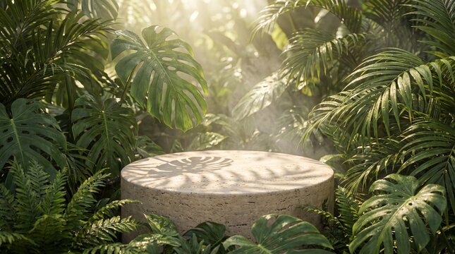 Natural travertine stone podium surrounded by lush tropical jungle foliage and sun rays