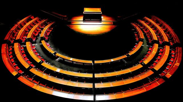 semicircular. Empty grand municipal chamber with spotlight on vacant podium and red velvet seats. real-estate listings.