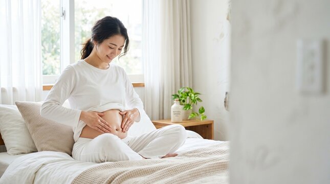 明るい部屋でオイルを使ってお腹をセルフマッサージするリラックスした女性