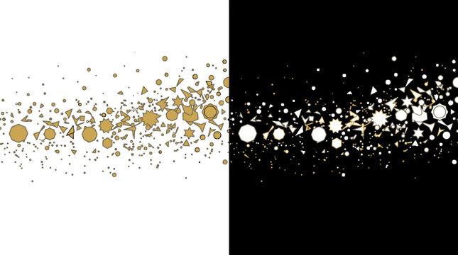 Une composition abstraite de confettis dor&eacute;s et de particules scintillantes dispos&eacute;es en une tra&icirc;n&eacute;e dynamique sur des fonds contrast&eacute;s blanc et noir pour une c&eacute;l&eacute;bration festive.