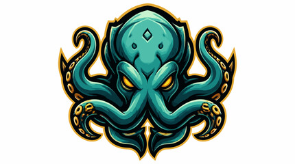 Illustration of a fearsome teal octopus with glowing yellow eyes. © greenscreen
