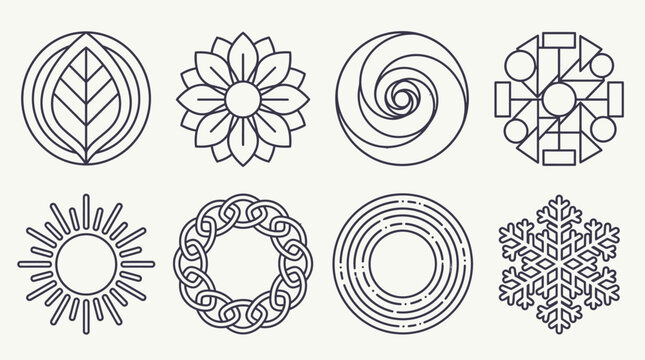 Ensemble de huit ic&ocirc;nes circulaires minimalistes au trait noir repr&eacute;sentant des motifs g&eacute;om&eacute;triques, floraux, naturels et abstraits sur un fond clair pour le design graphique.