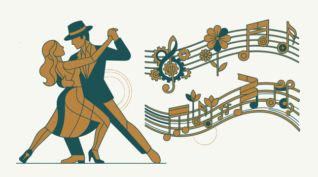 Illustration &eacute;l&eacute;gante d'un couple dansant le tango argentin avec des port&eacute;es musicales stylis&eacute;es, des fleurs et des engrenages int&eacute;gr&eacute;s dans un design graphique bicolore sophistiqu&eacute;.