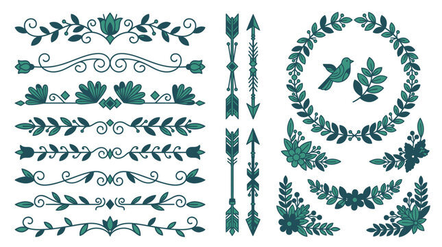 Ensemble d'&eacute;l&eacute;ments d&eacute;coratifs floraux dessin&eacute;s &agrave; la main avec des bordures, des fl&egrave;ches, des couronnes et des motifs de feuilles dans un style &eacute;l&eacute;gant de couleur vert sarcelle