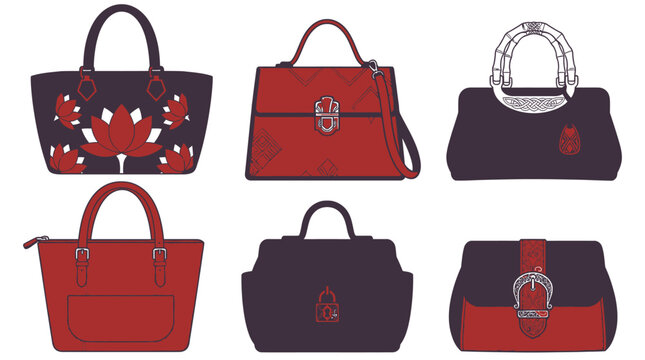Ensemble d'illustrations vectorielles de sacs &agrave; main &eacute;l&eacute;gants pour femmes dans des tons rouge et violet, pr&eacute;sentant divers styles de sacs de luxe, cabas et accessoires de mode modernes.