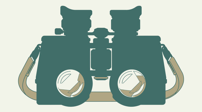 Illustration vectorielle plate d'une paire de jumelles de randonn&eacute;e avec une sangle beige sur un fond clair, id&eacute;ale pour les concepts d'exploration, d'observation de la nature et de voyage.