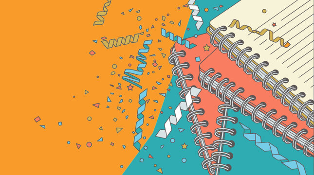 Illustration vectorielle festive avec des carnets &agrave; spirales et des serpentins color&eacute;s sur un fond bicolore orange et bleu, id&eacute;ale pour des projets cr&eacute;atifs et des c&eacute;l&eacute;brations.