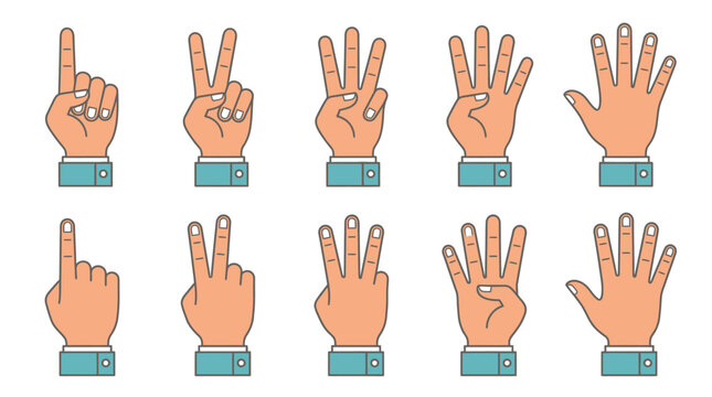 Ensemble d'ic&ocirc;nes vectorielles illustrant des mains humaines montrant des chiffres de un &agrave; cinq avec des gestes de comptage sur un fond blanc propre pour le design graphique