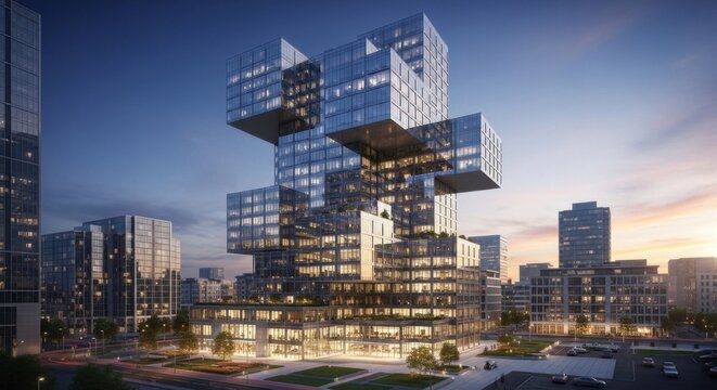 Futuristic Stacked Block Skyscraper Architecture at Dusk