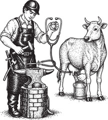 Fototapeta premium Blacksmith vet woodcut illustration, anvil, cow, stethoscope, da