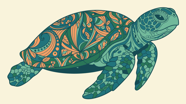 Une illustration artistique d'une tortue de mer orn&eacute;e de motifs complexes de style mandala dans des tons de vert et d'orange sur un fond cr&egrave;me clair, parfaite pour le design graphique.