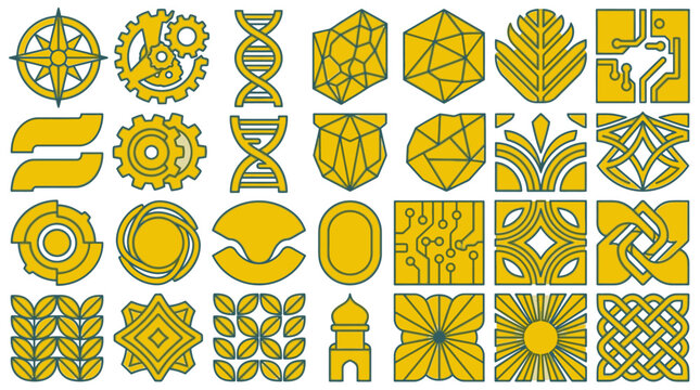Ensemble d'ic&ocirc;nes vectorielles modernes et minimalistes avec des motifs g&eacute;om&eacute;triques, technologiques, botaniques et abstraits de couleur jaune dor&eacute; sur fond blanc pour le design graphique.