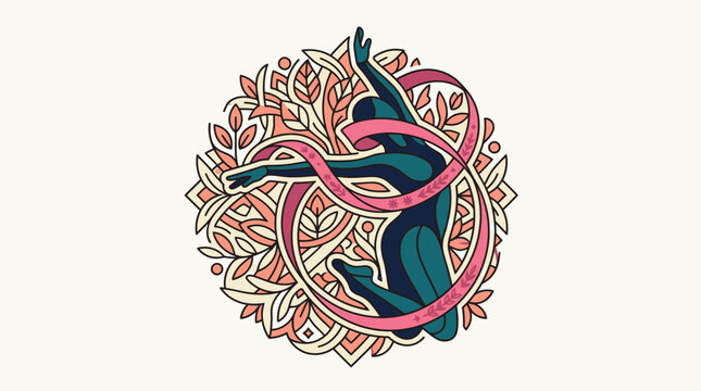 Illustration vectorielle d'une silhouette de danseuse &eacute;l&eacute;gante entour&eacute;e d'un ruban rose et de motifs floraux ornementaux dans un style artistique circulaire et raffin&eacute;.