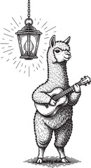 Fototapeta premium Whimsical Alpaca Serenade: An Engraved Illustration of Musical M