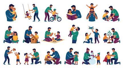 Fototapeta premium Flat Vector Illustration Set of Father and Child Bonding, Parenting, and Family Activities
